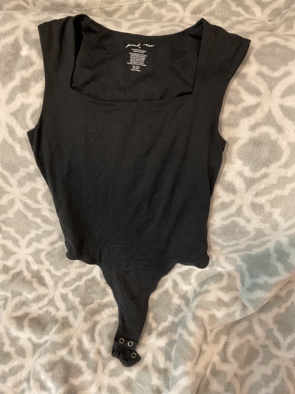 Pink rose, black square neck, sleeveless bodysuit